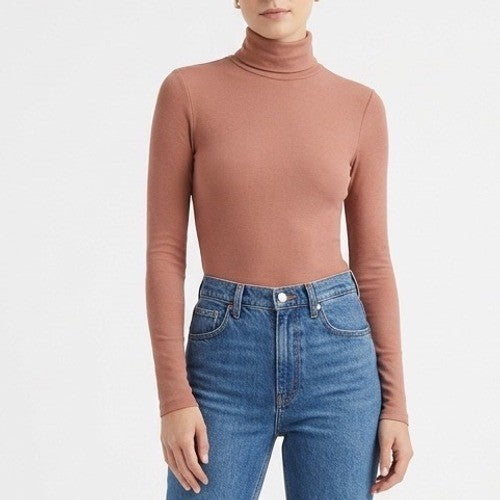 Naked Wardrobe Womens Mauve Brown Turtleneck Long Sleeve Bodysuit L