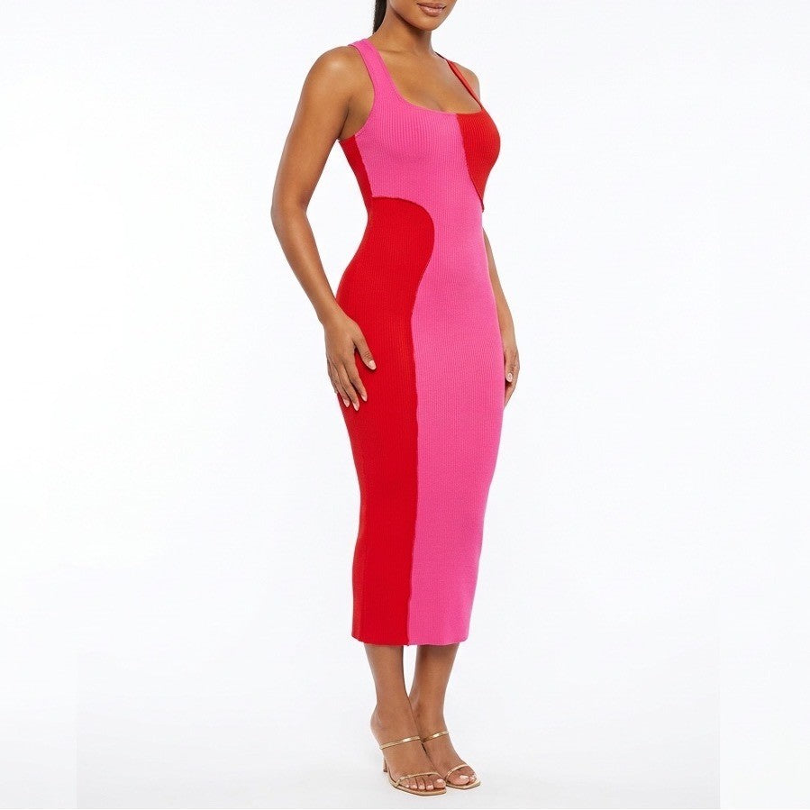 Naked Wardrobe Pink Red Colorblock Ribbed Midi Bodycon Dress NW-D2400 Small