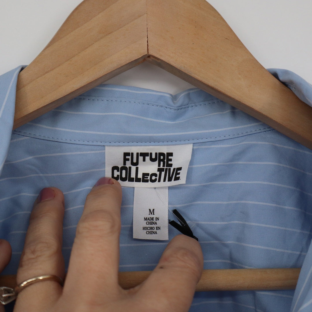 Future Collective Blue Striped Pearl Embellished Button Down Shirt M NEW