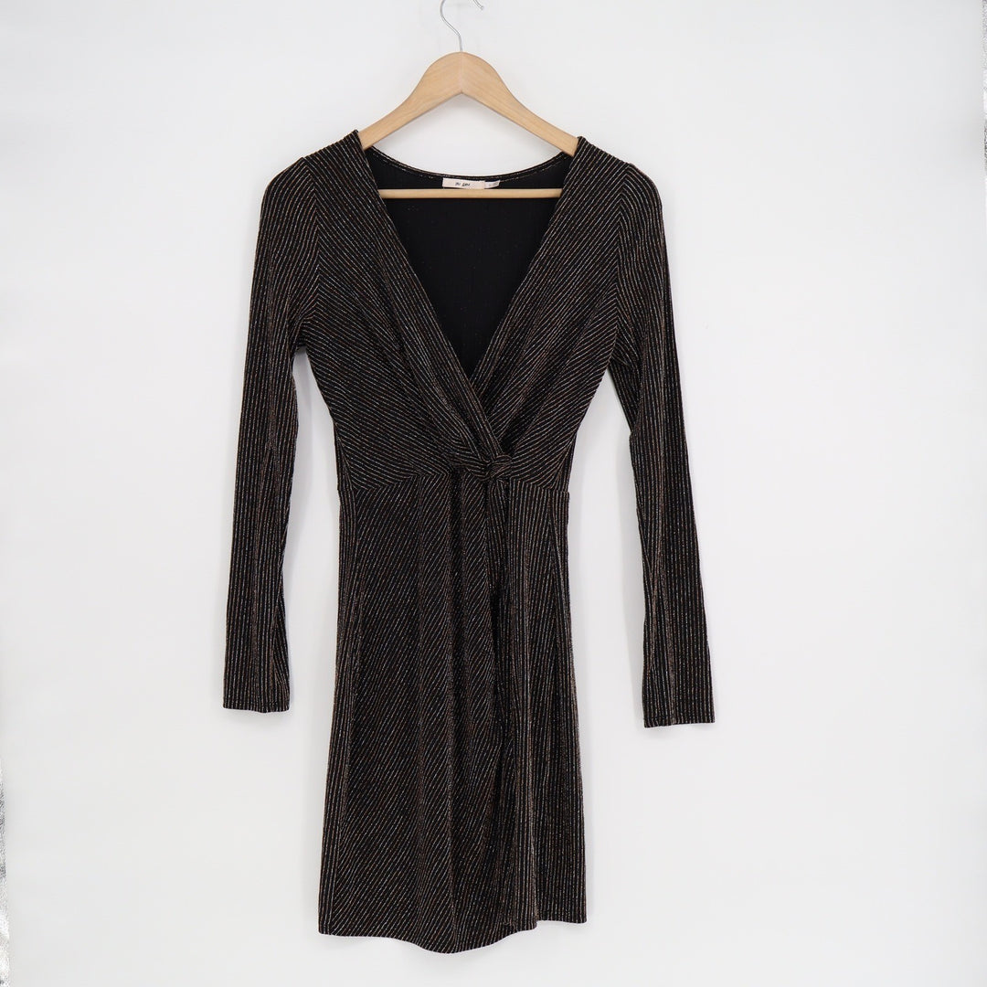 Mi Ami Black Metallic Pinstripe Twist Front V-Neck Mini Dress Small