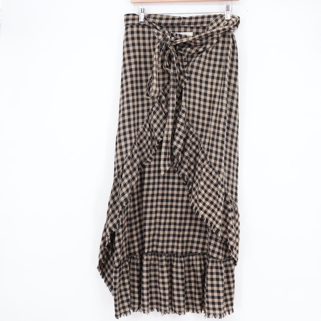 Vintage Havana Black Tan Gingham Wrap Maxi Skirt Cotton Ruffle One Size