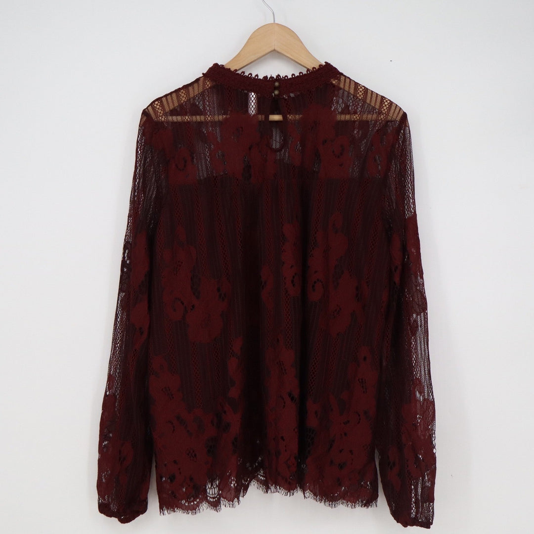 Xhilaration Womens XL Burgundy Floral Lace Mock Neck Long Sleeve Top Back