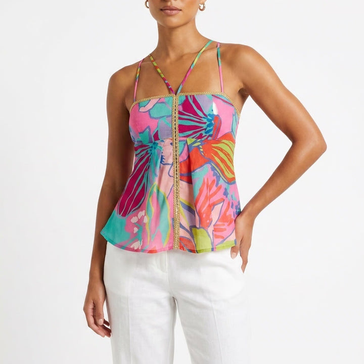 Tibi Cami Top Women Medium Pink Floral Cotton Lace Trim Back Zip Spaghetti Strap