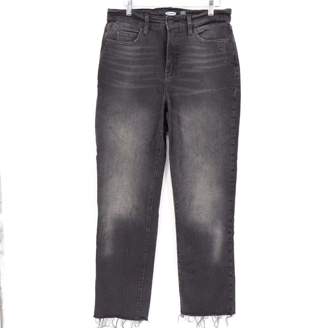 Old Navy Extra High Waisted Sky-Hi Straight Jeans Womens 6 Black Denim Raw Hem
