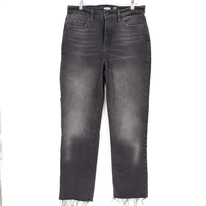 Old Navy Extra High Waisted Sky-Hi Straight Jeans Womens 6 Black Denim Raw Hem