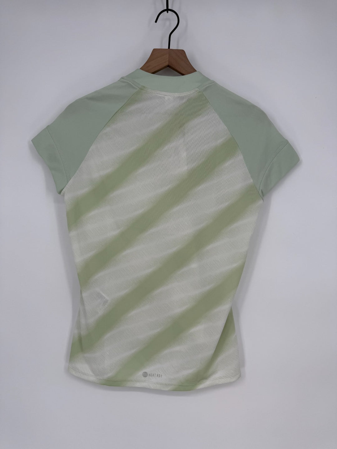 Adidas Heat Rdy Polo Shirt Womens Medium Linen Green Logo Cap Sleeve Split Neck