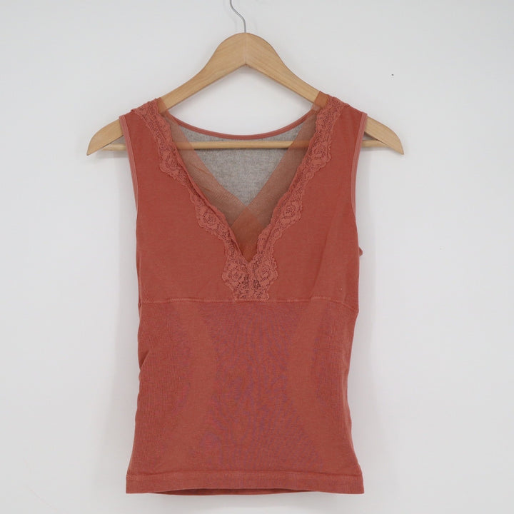 Haobo Terracotta Lace Trim V-Neck Mesh Inset Ribbed Camisole Tank Top Small