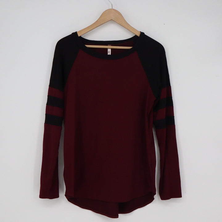 Cool Melon Womens Medium Burgundy Black Raglan Stripe Long Sleeve Top