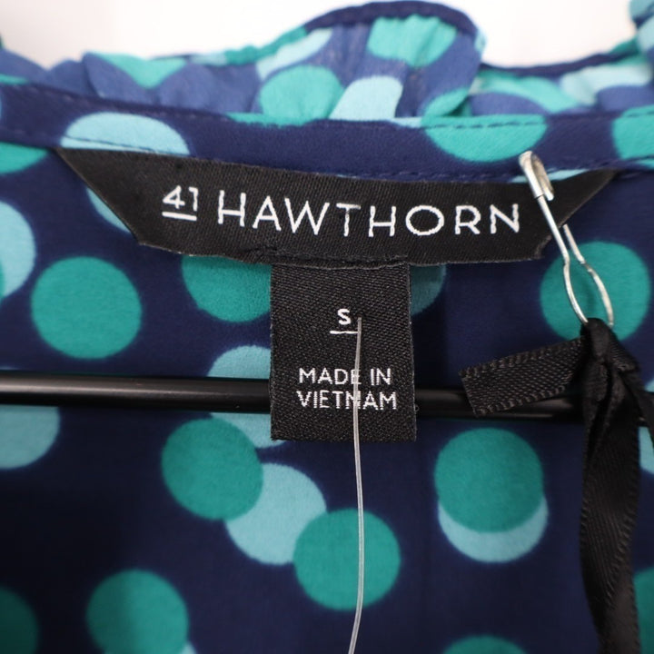 41 Hawthorn Tunic Blouse Womens S Navy Polka Dot Split Neck Tiff Ruffle Detail