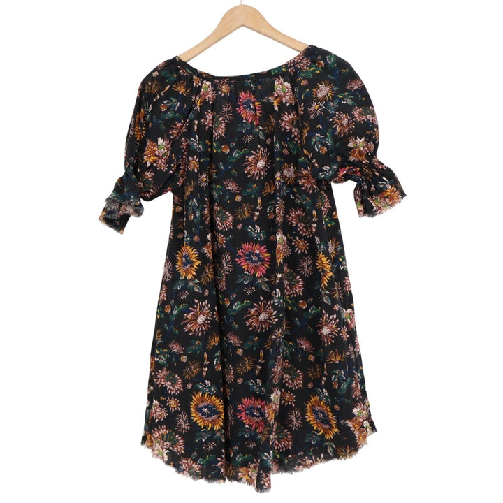 Natural Life Mini Dress Womens XS/S Black Floral Cotton Pleated Frayed Trim
