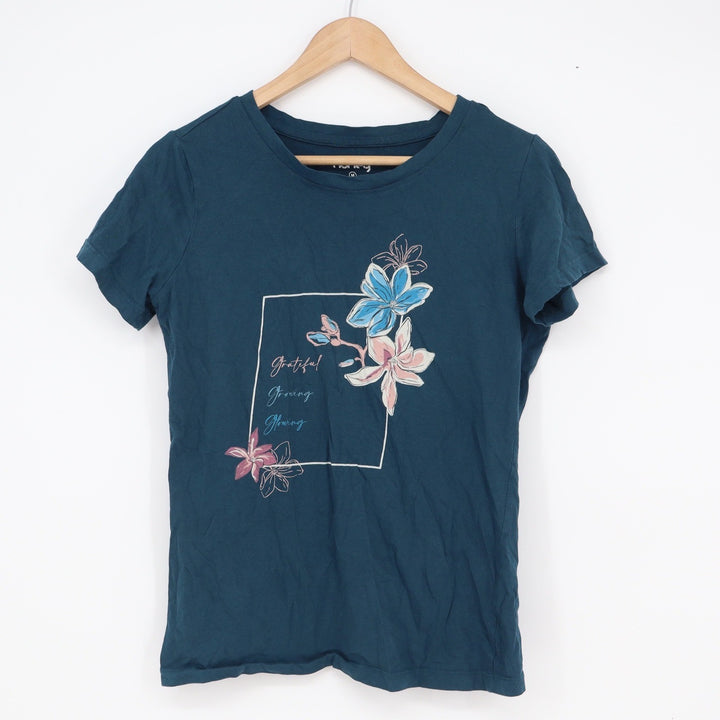 Honey Womens Teal Blue Floral Grateful Growing Glowing Graphic Tee Size M Cotton