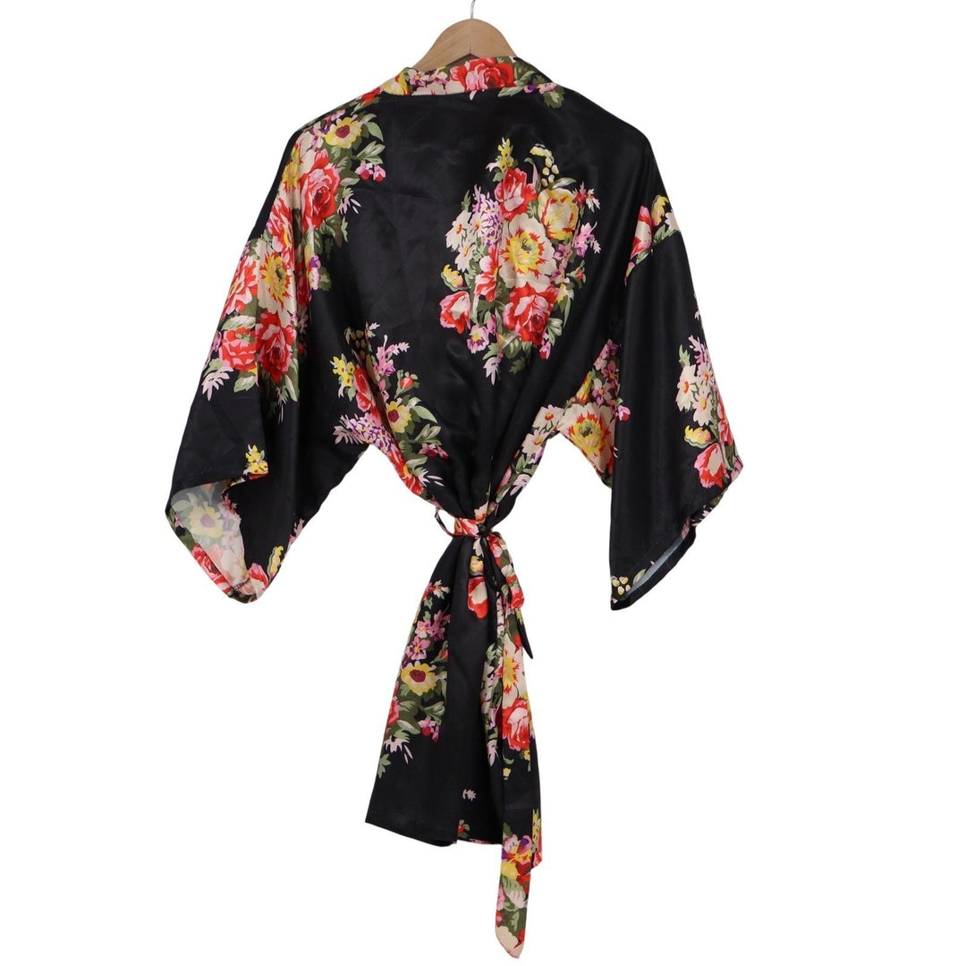 Black Floral Satin Kimono Robe One Size Short Dressing Gown Wide Sleeve Tie Belt