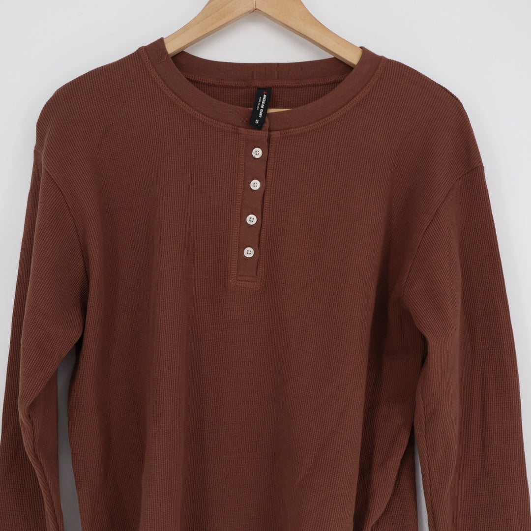 American Giant Thermal T-Shirt Womens Small Brown Cotton Waffle Knit Henley Neck
