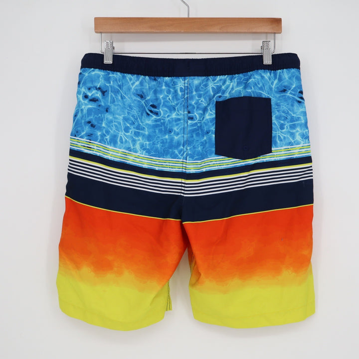Lands' End Boys XXL 18H-20H Swim Trunks Blue Orange Striped Water Print Shorts
