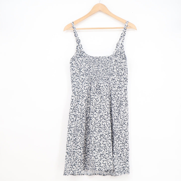 Old Navy Womens S Tall Linen Blend Floral Smocked Back Mini Dress Navy White