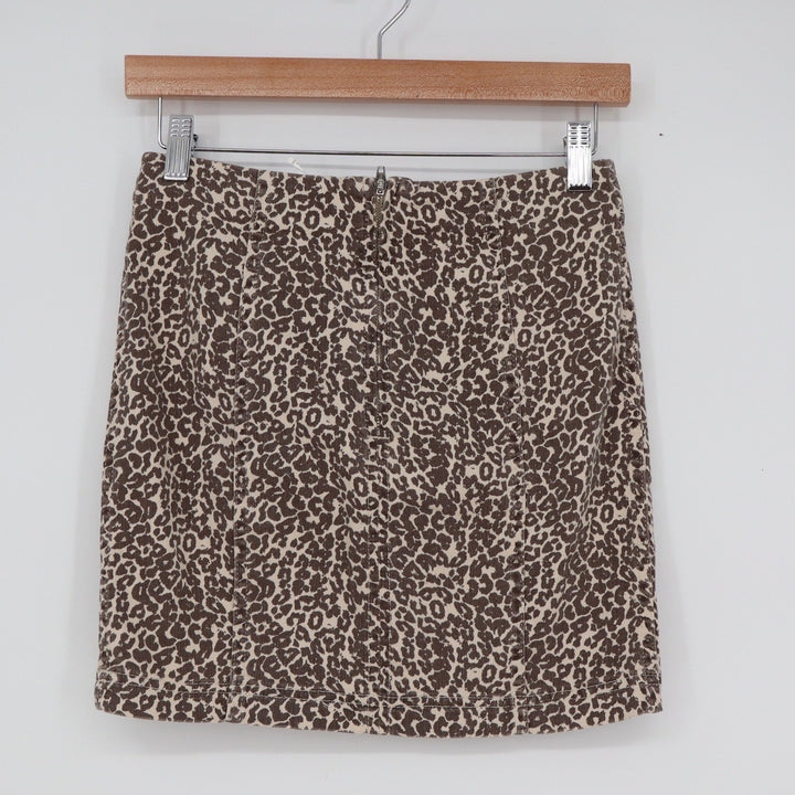 Free People Leopard Print Denim Mini Skirt Brown Tan Animal Print Size 4