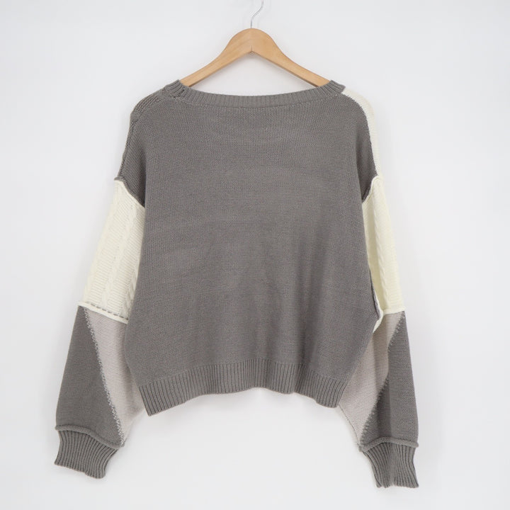 Shein Cropped Sweater Womens L Gray White Colorblock Knit Long Sleeve Pullover