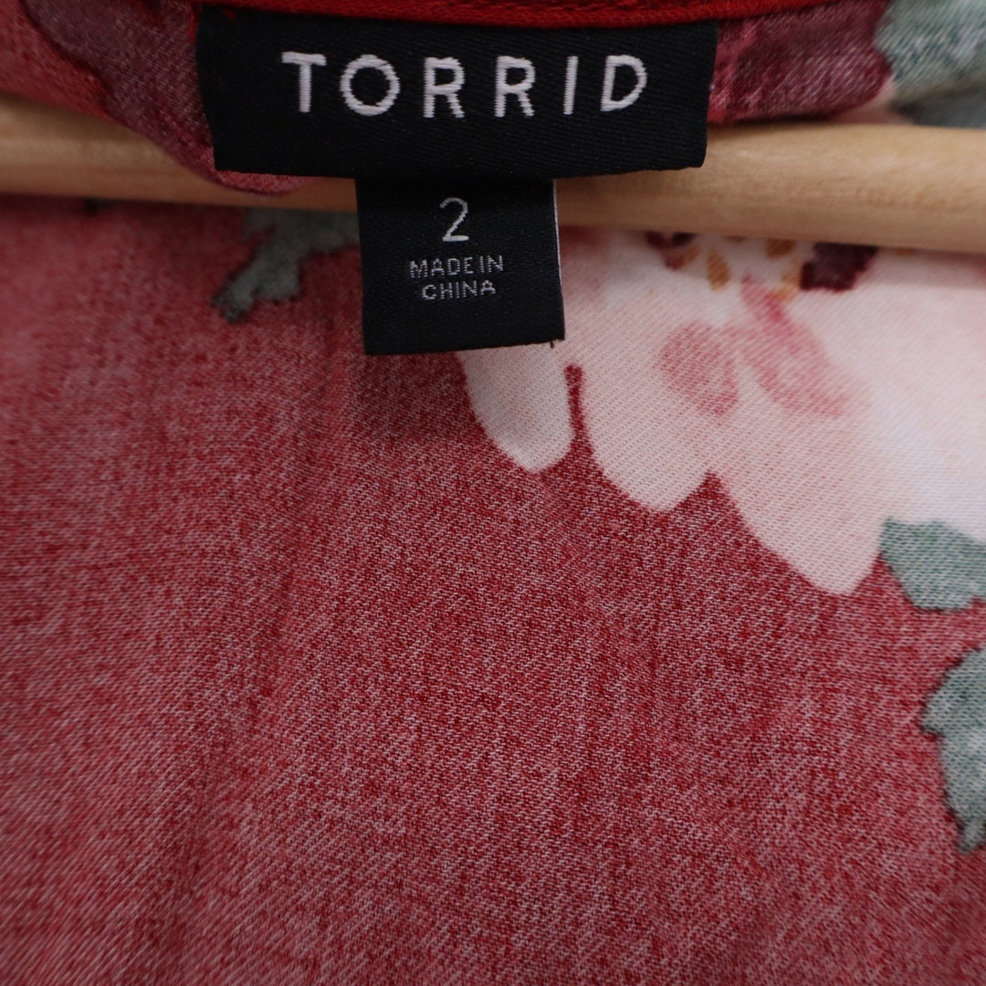 Torrid Red Floral Button Front Handkerchief Hem Midi Dress Size 2 Plus 2X V-Neck