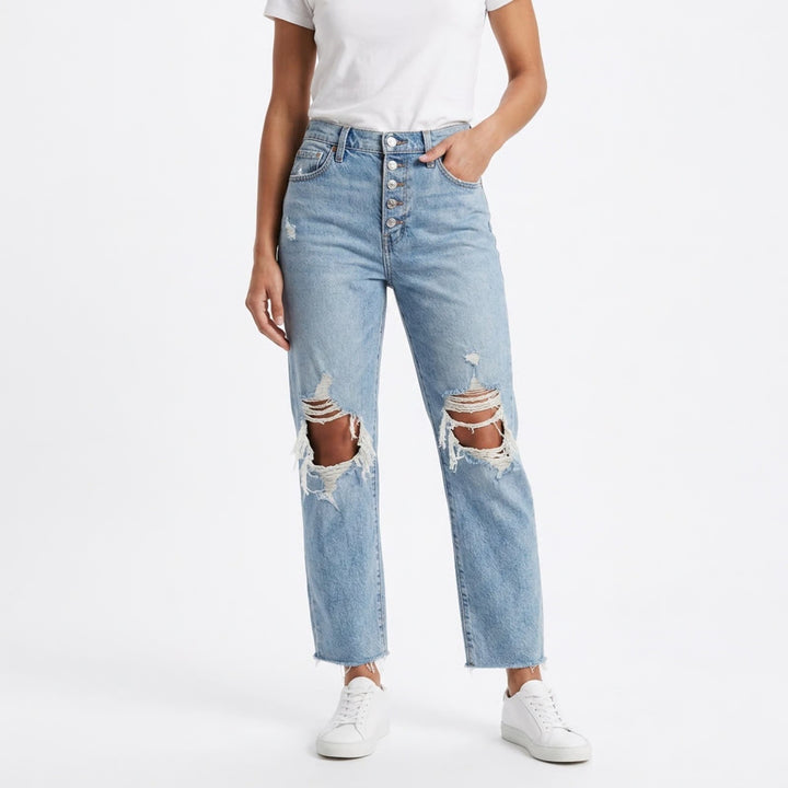 Wild Fable Womens Distressed Straight Leg Jeans Light Wash Button Fly Size 12