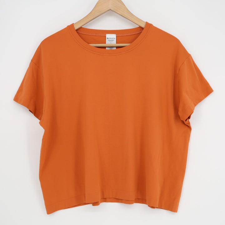 Athleta Cropped T-Shirt Women XL Orange Nylon Crew Neck Short Sleeve Pullover