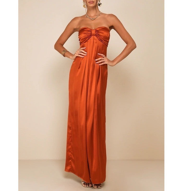 Lulus Memorable Entrance Maxi Dress Womens XS Rust Orange Satin Strapless Fitted