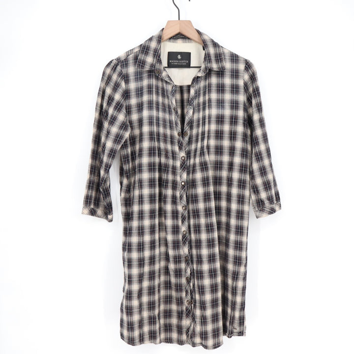 Maison Scotch Shirt Dress Womens 2 Multi Plaid Snap Spread Collar 3/4 Sleeve