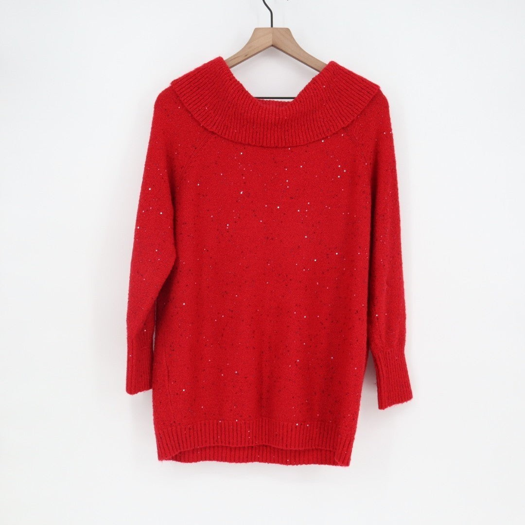 Chico's Sweater Womens Large Ruby Red Knit Sequin Cowl Neck Ribbed Cozy Outdoor