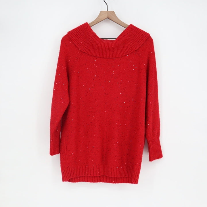 Chico's Sweater Womens Large Ruby Red Knit Sequin Cowl Neck Ribbed Cozy Outdoor