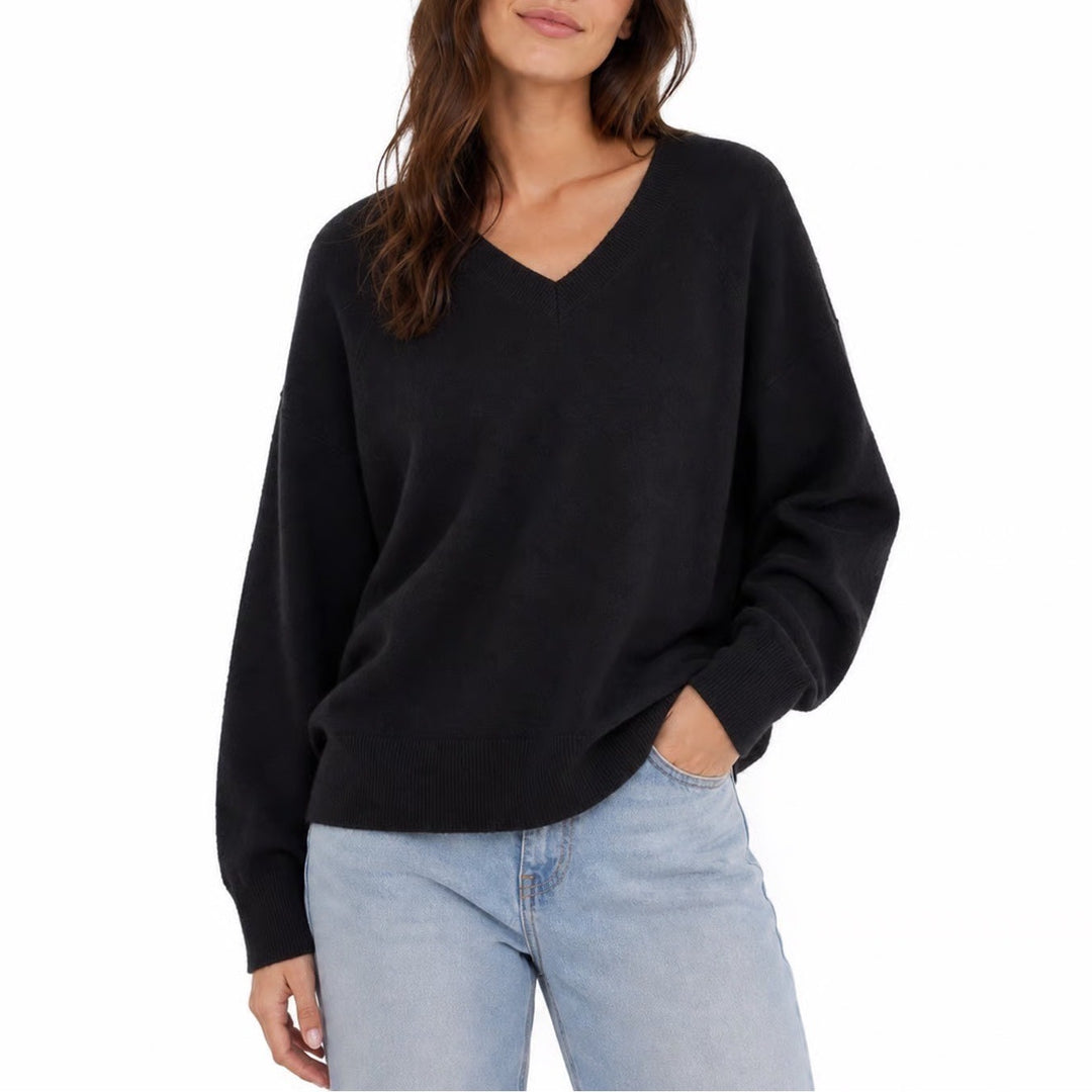 Lucky Brand Womens Black V-Neck Raglan Sleeve Pullover Sweater Size L