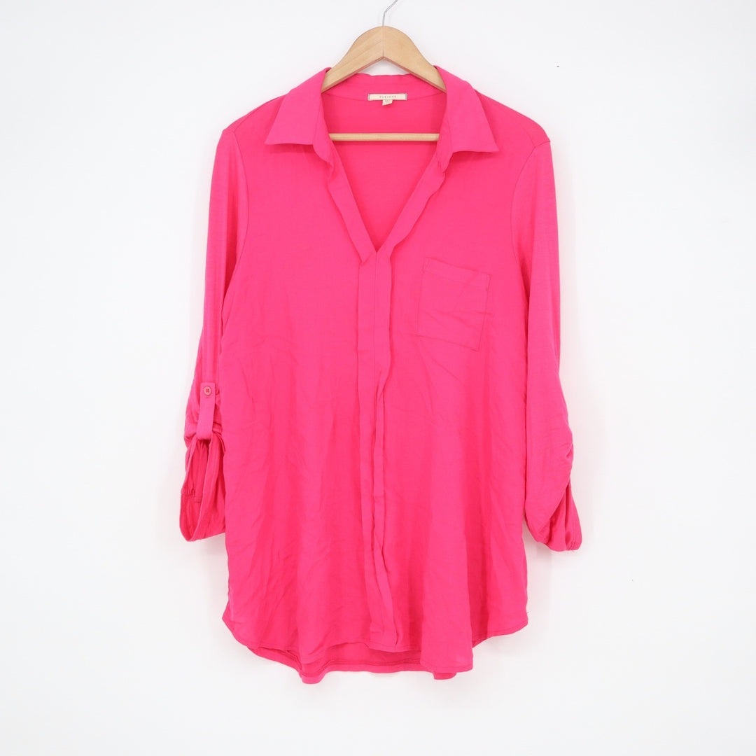 Pleione Hot Pink Roll Tab Sleeve Button Down Tunic Shirt Womens Large