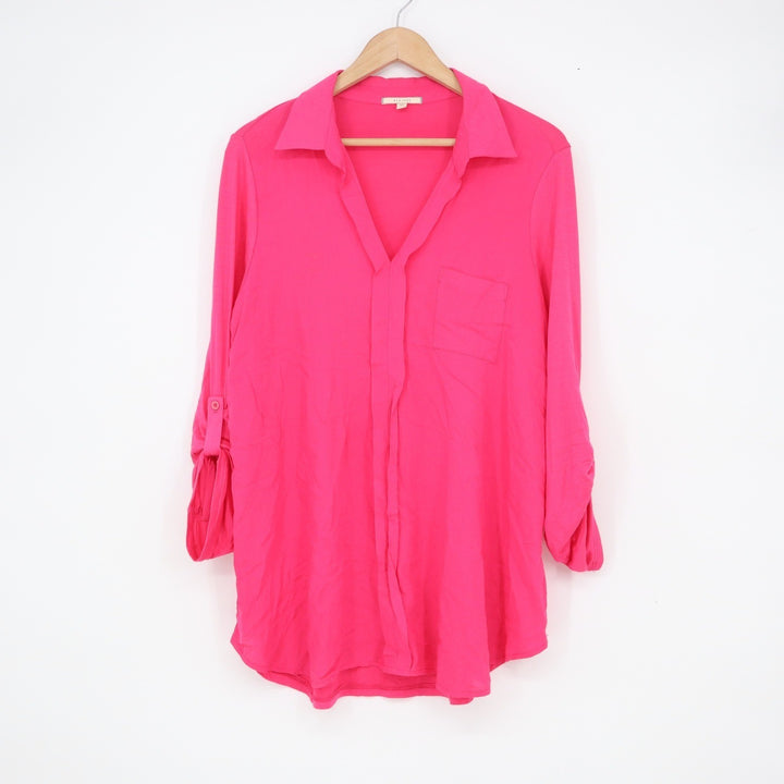 Pleione Hot Pink Roll Tab Sleeve Button Down Tunic Shirt Womens Large
