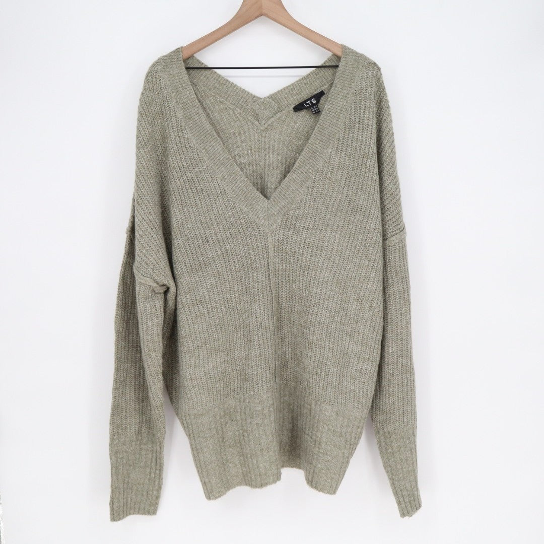 LTS Sweater Womens 14-16 Beige Waffle Knit Ribbed V-Neck Long Sleeve Pullover