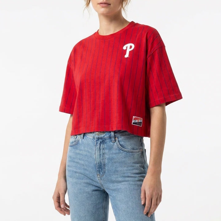 New Era Philadelphia Phillies Red Pinstripe Boxy Cropped T-Shirt Womens Large