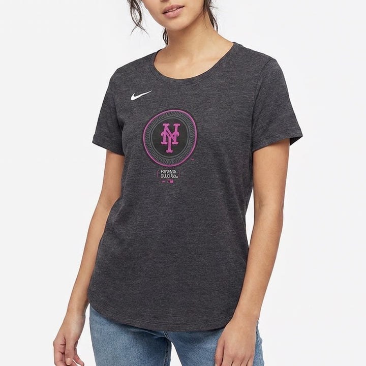 Nike Womens New York Mets MLB Graphic T-Shirt Charcoal Grey Pink Logo Large NEW