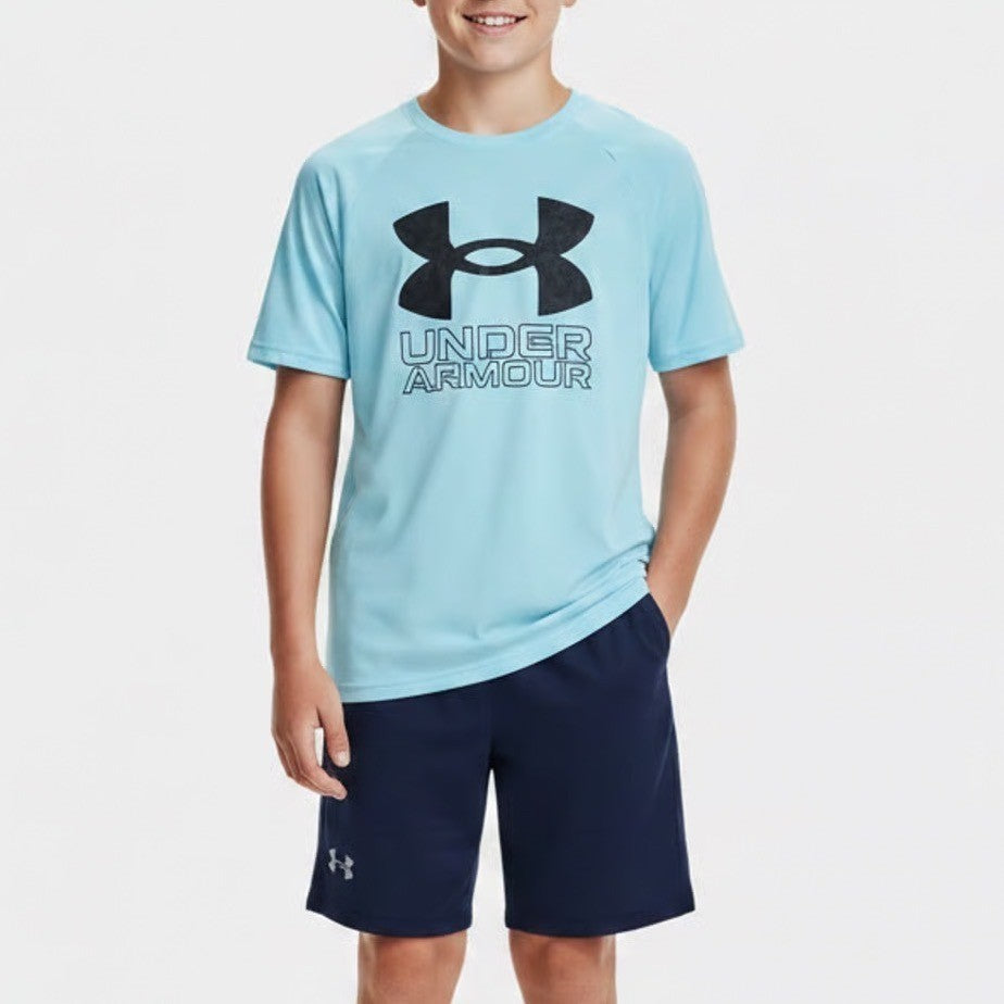 Under Armour Boys XL B Tech Hybrid Print SS Light Blue Performance T-Shirt