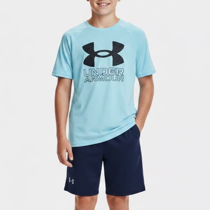 Under Armour Boys XL B Tech Hybrid Print SS Light Blue Performance T-Shirt