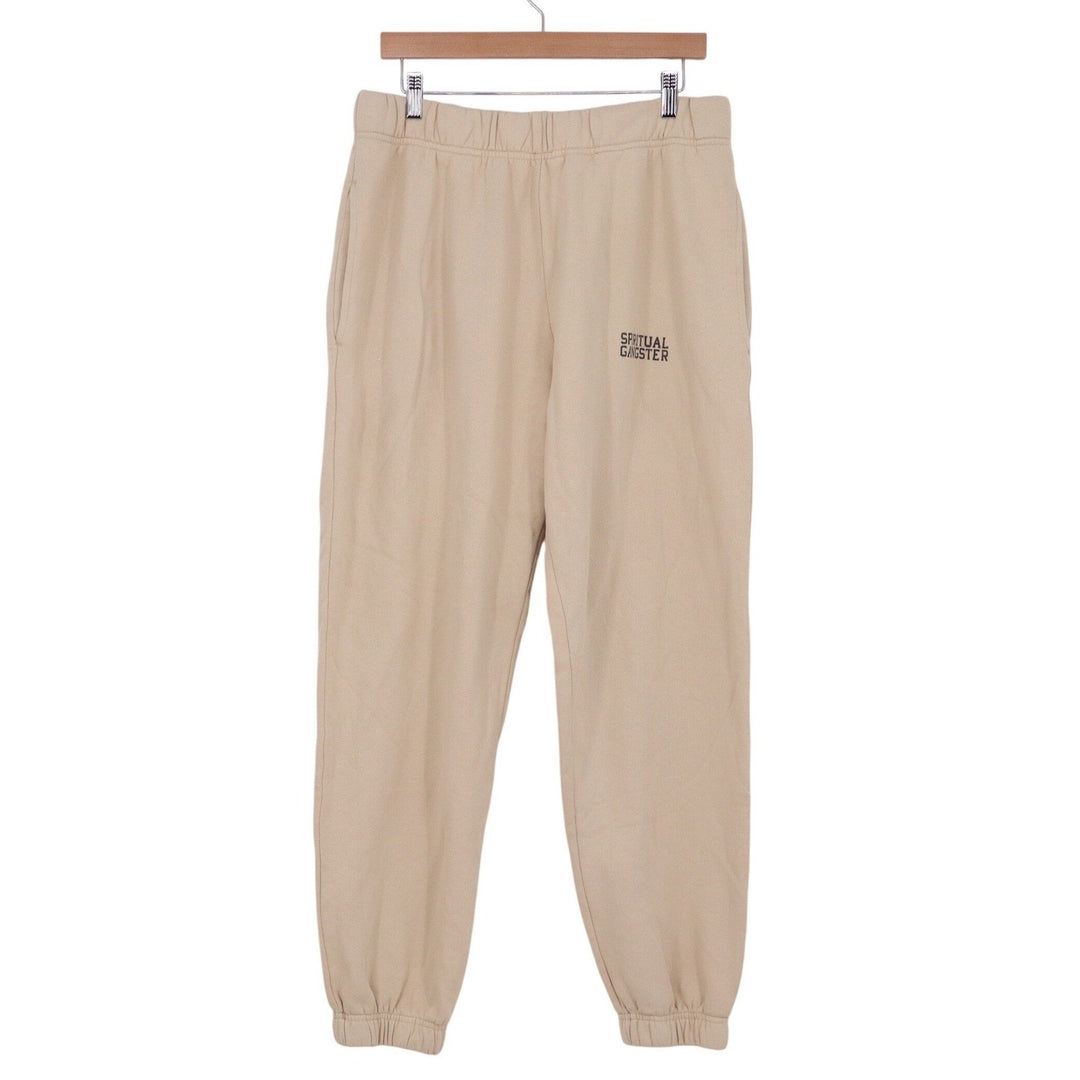 Spiritual Gangster Tan Beige Cotton Fleece Logo Jogger Sweatpants Large