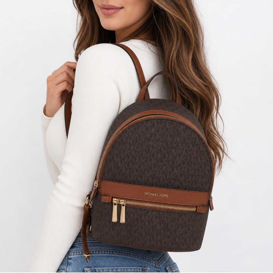 Michael Kors Abbey Medium Backpack Brown Signature Logo MK Gold Hardware Bag