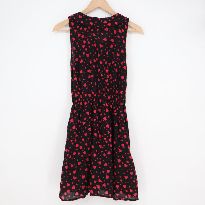 Verty Heart Print Peter Pan Collar Sleeveless Mini Dress Black Red Large