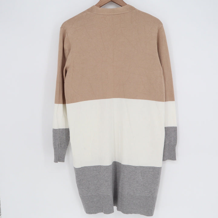 Colorblock Open Front Longline Cardigan Tan Cream Grey Medium RC6002