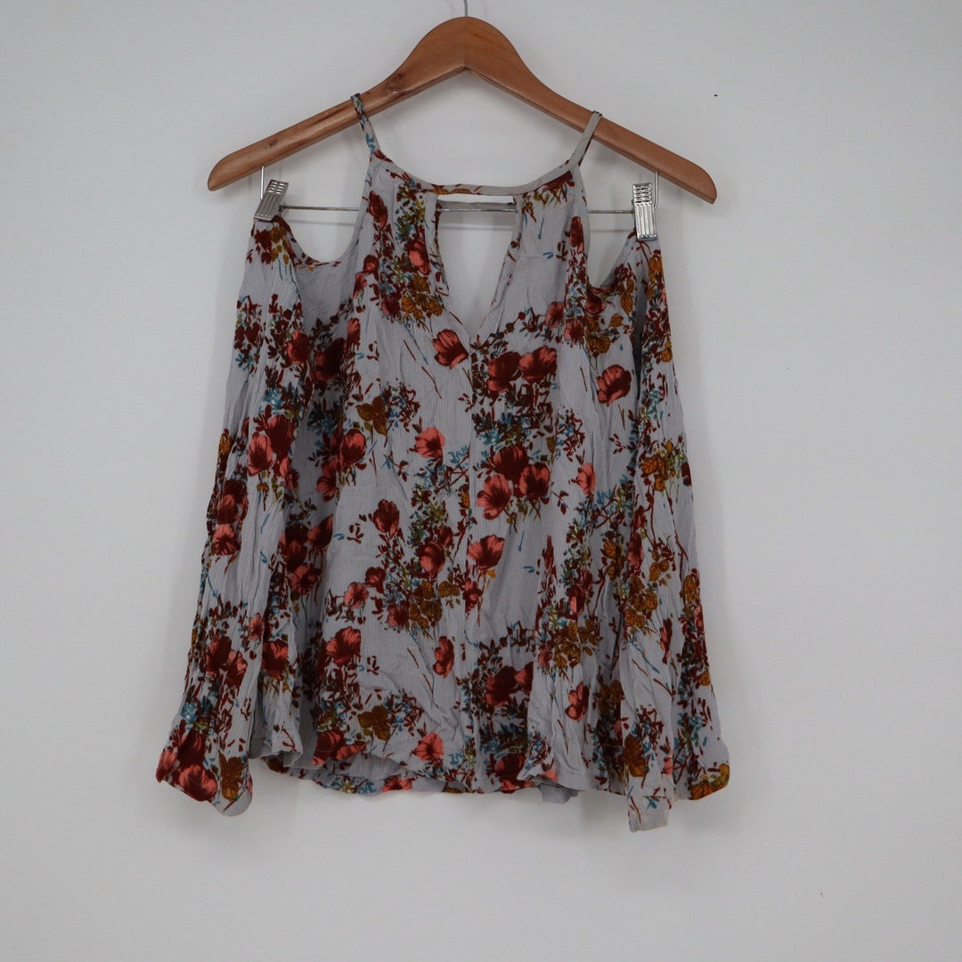 Floral Cold Shoulder Keyhole Blouse Grey Red Boho Rayon Top Size M