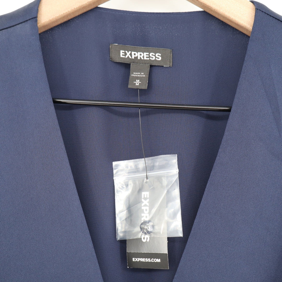 Express Navy Blue Puff Sleeve Wrap Blouse V-Neck Side Tie Peplum Top Medium NEW