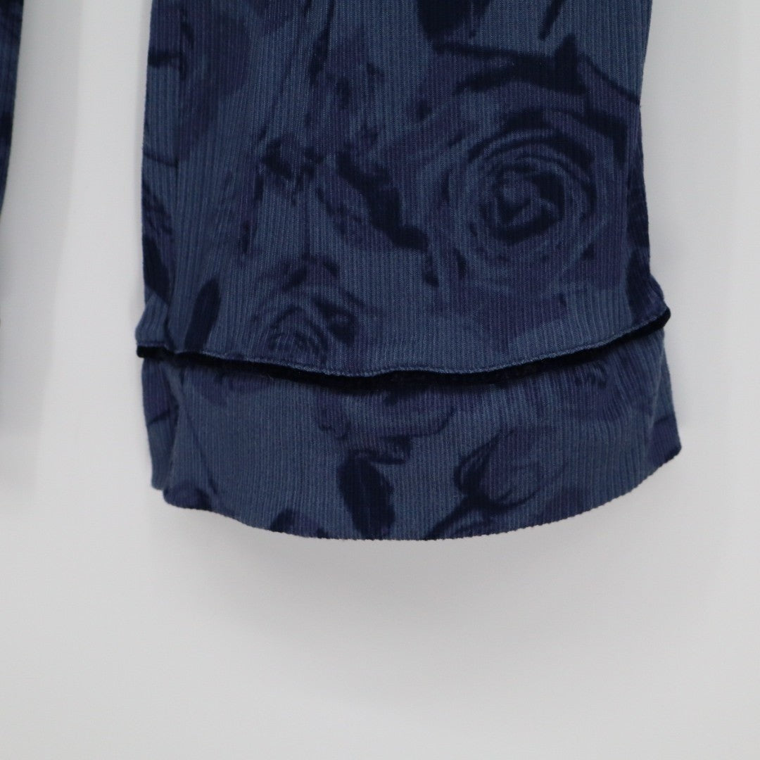 Womens Lounge Pants Medium Blue Floral Ribbed Knit Stretch Pajama Drawstring