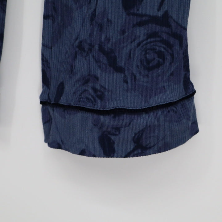 Womens Lounge Pants Medium Blue Floral Ribbed Knit Stretch Pajama Drawstring