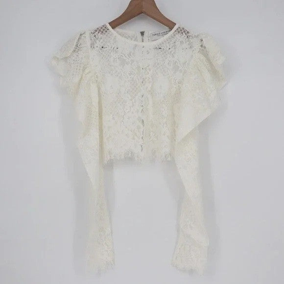 Naked Wardrobe White Floral Lace Puff Sleeve Crop Top Small Back Zip Scalloped