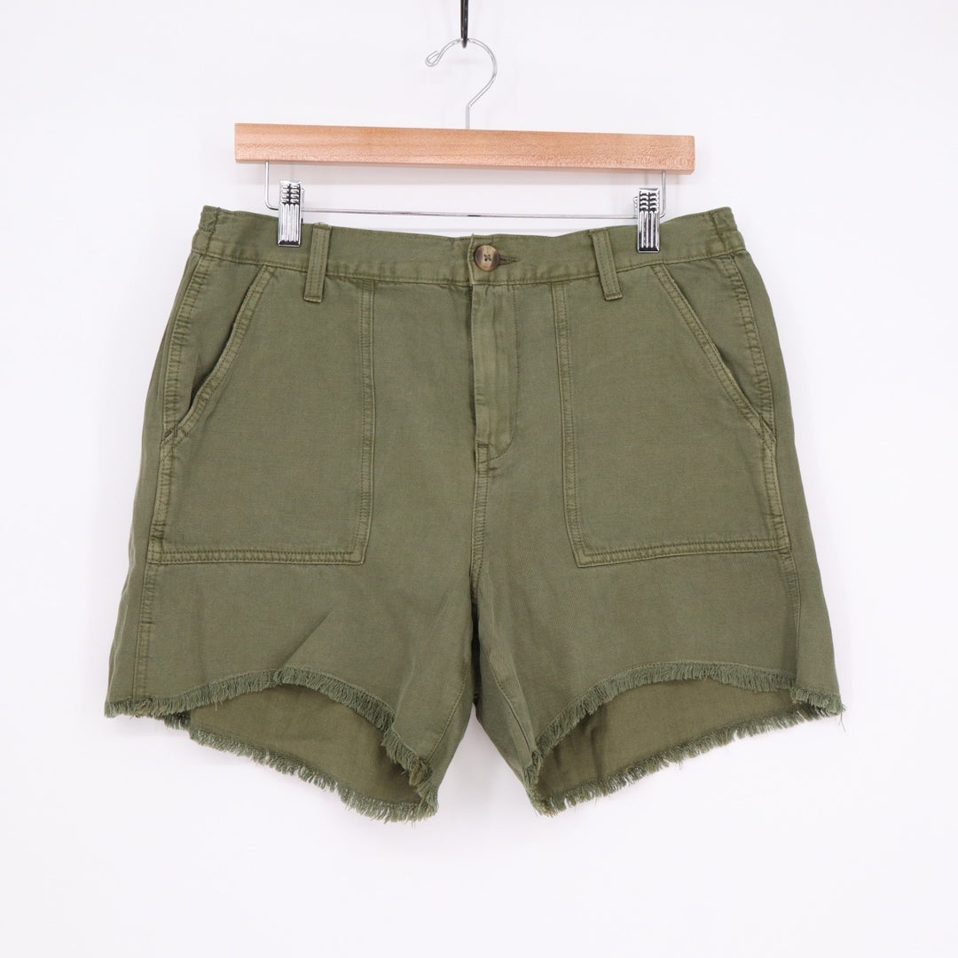 Aerie Adventure Cutoff Shorts Womens Medium Olive Green Patch Pockets Frayed Hem