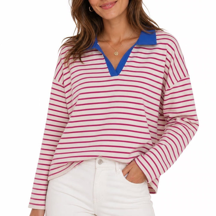 ZESICA Womens XL Pink White Striped Long Sleeve Polo Shirt Blue Collar KLK0604