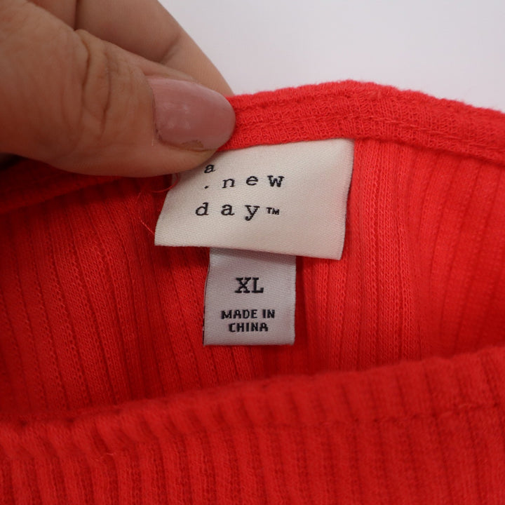 A New Day Womens XL Red Ruffle Flutter Sleeve Square Neck Ribbed Knit Top