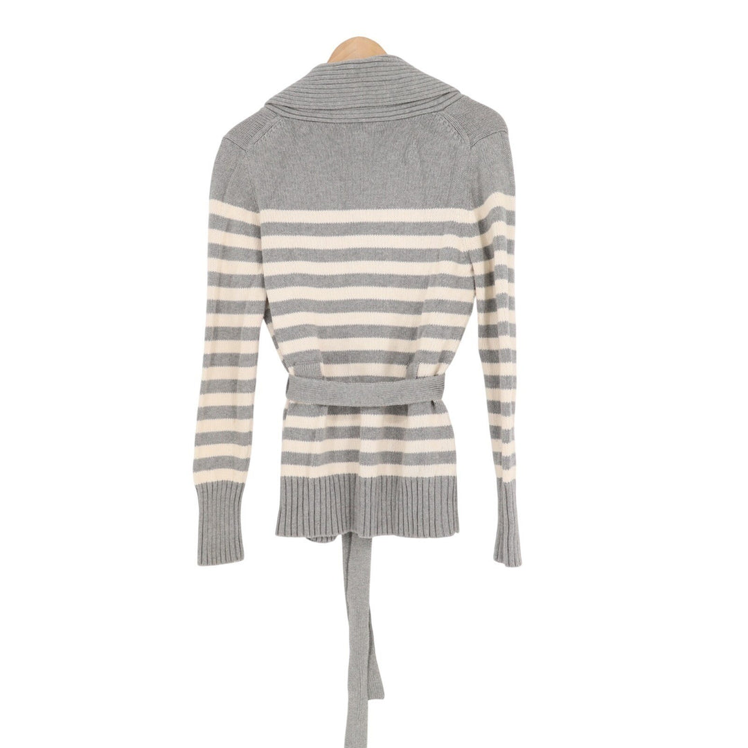 Banana Republic Cardigan Sweater Womens M Gray White Striped Cotton Knit Ribbed