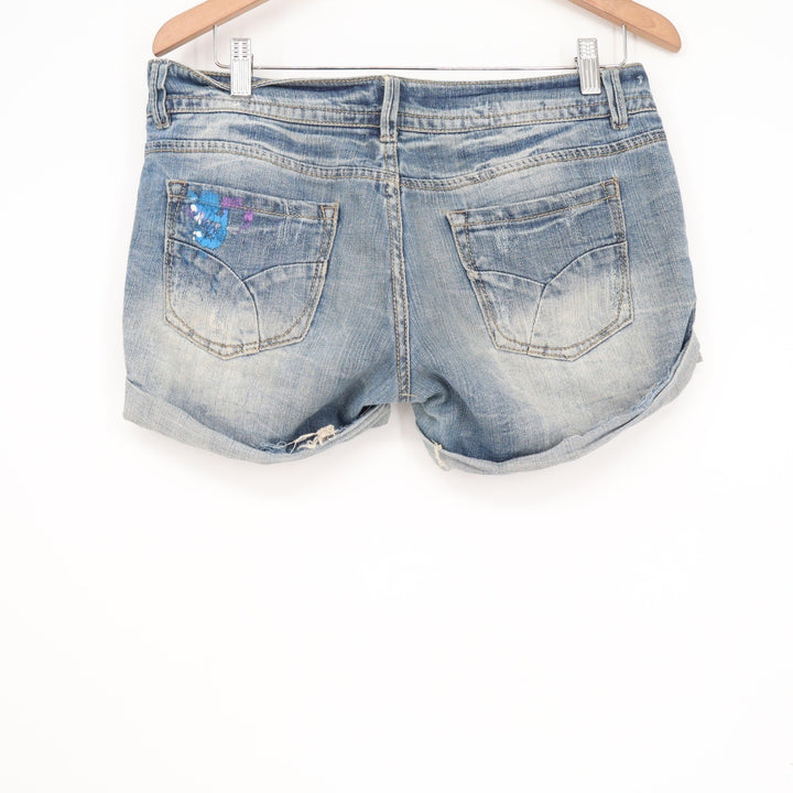 Bongo Womens Blue Distressed Paint Splatter Denim Shorts Size 7 Cuffed Low Rise